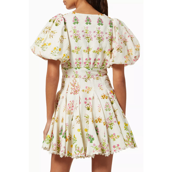 Hemant & Nandita Floral Puff Sleeve Babydoll Skater Mini Dress White Women's XS - Picture 2 of 6